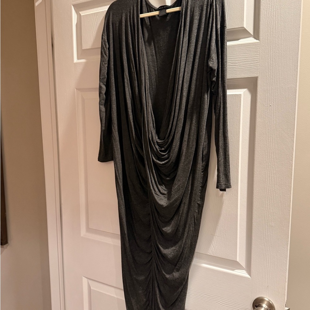 Caribbean Queen Long Sleeve Drape Front Midi Dress in Charcoal Gray